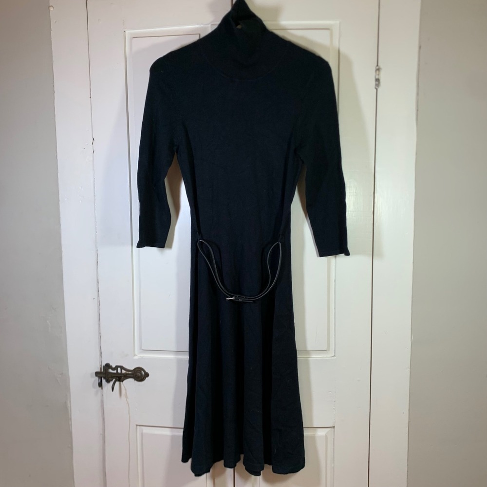 Worthington Black Turtleneck Sweater Dress 3/4 Sleeve Belted A-Line Medium NWT